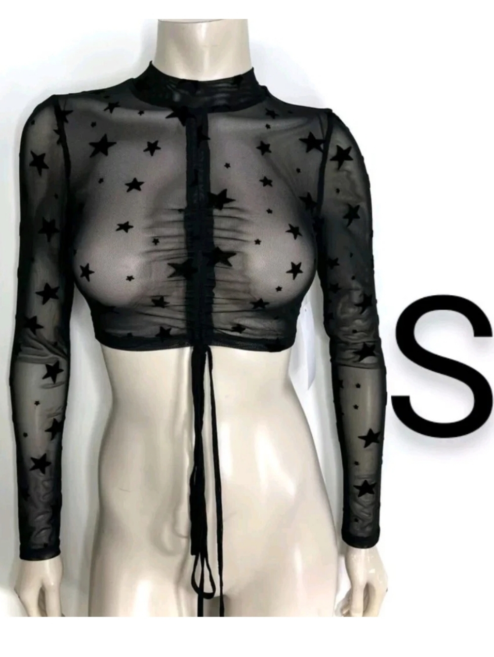 🆕Black Star Mesh Long Sleeve Ruched Crop Top ~ Size S